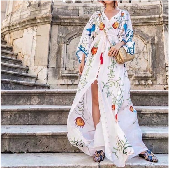 Boho Embroidered Hearts Magic Kimono Long Maxi Gown In White 5 Star ⭐️ Favorite - Picture 4 of 16